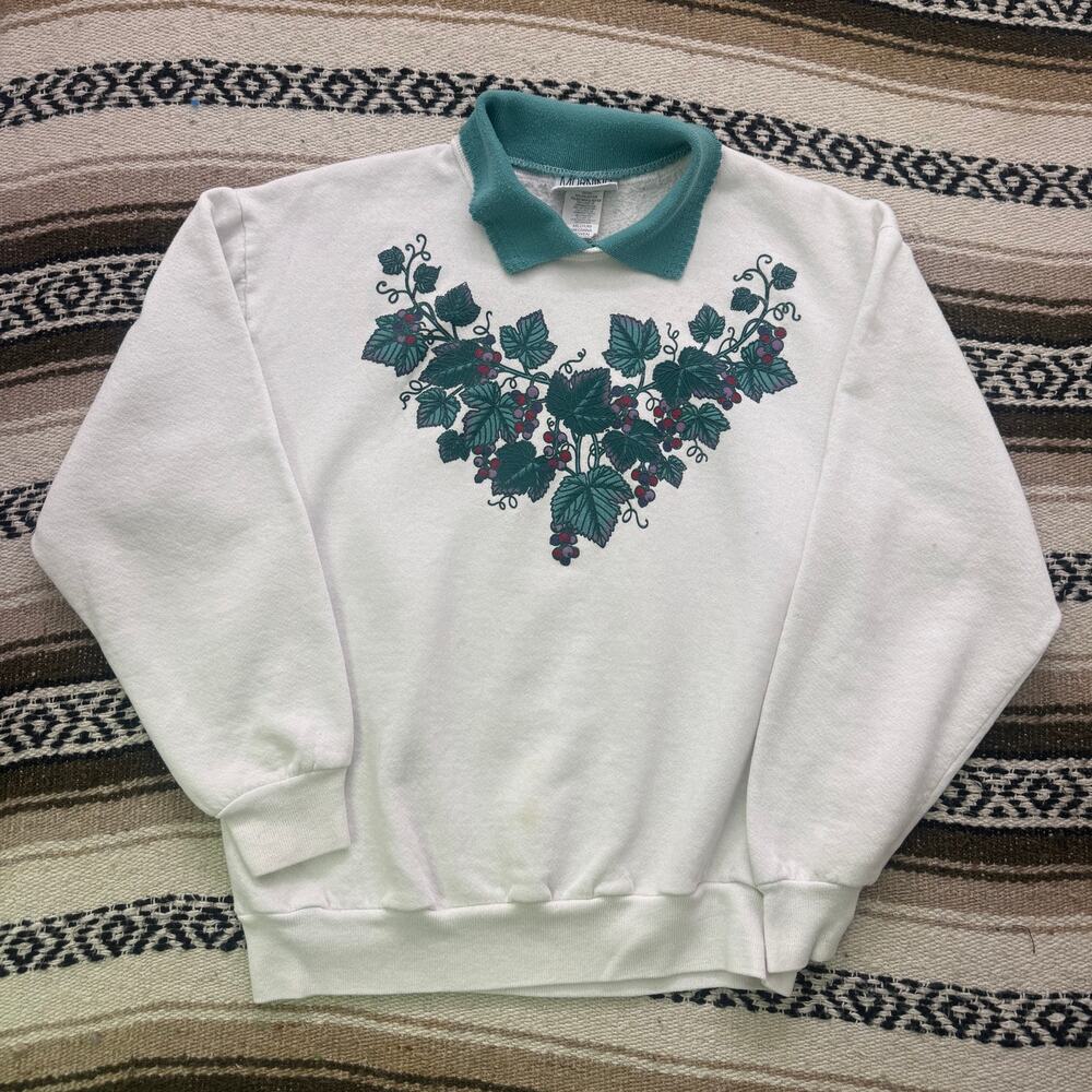 Vintage 90's Morning Sun White Green Leaves Fall White Collared Sweatshirt Sz M